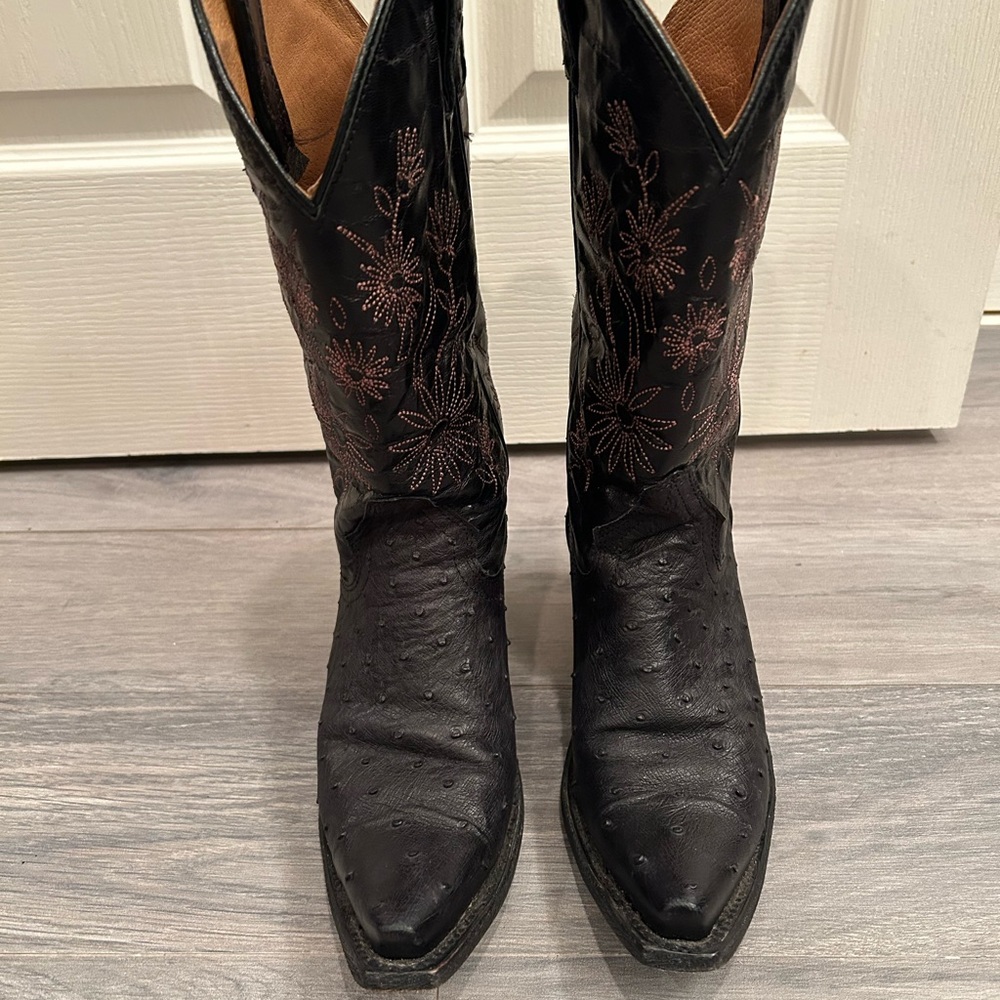 Shyanne Black Ostrich Leather Boots with Floral Embroidery - Picture 2 of 6